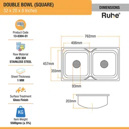ruhe Square Double Bowl 32x20x8 Inches Kitchen Sink| 304 Stainless Steel Sink Stainless Steel Square Double Bowl Kitchen Sink Vessel Sink image 2