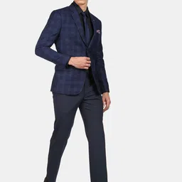 AD By Arvind Men Navy Blue Checked Tailored-Fit Single Breasted Blazers image 3