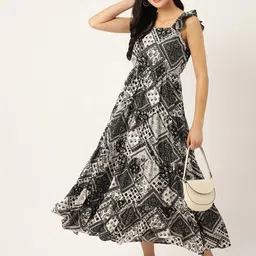 DressBerry Black & White Geometric Printed Flutter Sleeve Georgette Fit & Flare Dress image 5