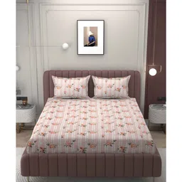 bromwick Pink Floral 200 TC Microfiber King Sized Double Bedsheet with 2 Pillow Covers image 4