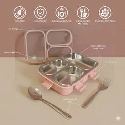 kello Stainless Steel 3 Compartment 750 ml Pink Girls Lunch Box with Spoon & Fork A72 3 Containers Lunch Box image 3