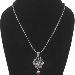 utkarsh Silver Rudraksha Om Chand Symbol Shiva Trishul Mahakaal Locket Pendant Necklace Stainless Steel Pendant image 2