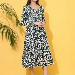 Women Fit and Flare Green, White Below Knee Dress-image-95