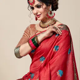 MS RETAIL Red & Blue Floral Embroidered Kanjeevaram Saree image 2