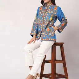 CRAFTBAZAR Embroidered Stand Collar Woollen Open Front Jacket image 5