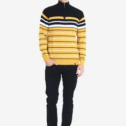 JoE Hazel Men Yellow & Black Striped Pullover with Zip Detail image 4