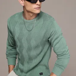 roadster Men Self Design Round Neck Green Sweater-picture-33