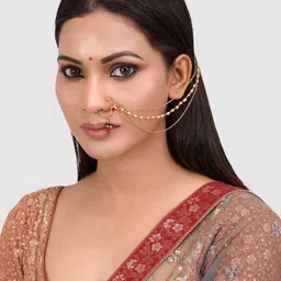PENNY JEWELS Gold-Plated & Beige Faux Kempu Ruby & Kundan-Studded Handcrafted Vilandi Nose Ring-picture-15