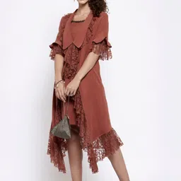 LELA Women Rust Suede Lightweight Longline Open Front Jacket with Embroidered image 4