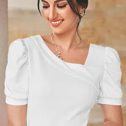 dream beauty fashion Casual Puff Sleeves Solid Women White Top-picture-27