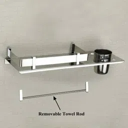 filox Modern Design Stainless Steel 3 in 1 Multipurpose Bathroom Rack Shelf with Towel Bar Hanger and Tumbler Holder/High-Quality Wall Mount Bathroom Accessories (Rectangular, 15x6 Inches) Pack of 1 Silver Towel Holder image 3