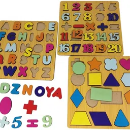 malhad Wooden Puzzle 3 in 1 Number Shaped ABC Alphabet Wooden Jigsaw Puzzle Set Party & Fun Board Game image 1