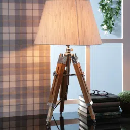 Madeline Beige Fabric Shade Night Lamp With Wood Base By Beverly Studio image 1