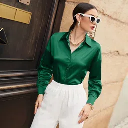 popwings Women Regular Fit Solid Spread Collar Casual Shirt-picture-25