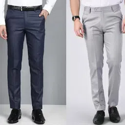 Pack of 2 Men Regular Fit Blue, Grey Cotton Blend Trousers-image-24