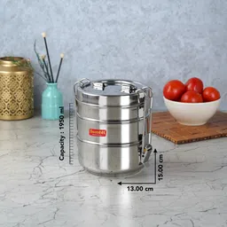 sumeet Stainless Steel 3 Compartment Lunch Box / Tiffin with Lid and Handle, 13Cm Dia 3 Containers Lunch Box image 4