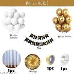 balloon&you Solid Gold White Birthday Decoration Kit With White Net Curtain & Led Light Balloon image 3