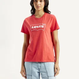 levi's Women Graphic Print Crew Neck Pure Cotton Red T-Shirt image 2
