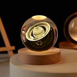 divine creations 3D Saturn Crystal Ball Lamp with Wooden LED Base - Perfect for your Home Night Lamp image 2