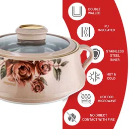 nayasa Lorenzo 1500 ML Insulated Inner Stainless Steel Casserole with Glass Lid Thermoware Casserole image 3