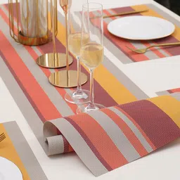 HOKIPO Orange & Maroon 5 Pieces Striped Table Placemats With Runner image 5