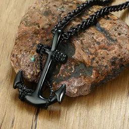 Yellow Chimes Men Rhodium-Plated Black Stainless Steel Sailor Anchor Pendant With Chain-image-0