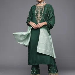 KALINI Ethnic Motifs Zari Embroidered Round Neck Straight Kurta With Trousers & Dupatta-picture-21