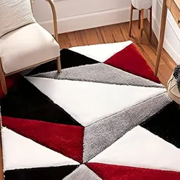 Shopgallery Off White & Black Geometric Anti-Skid Shaggy Carpet-picture-28