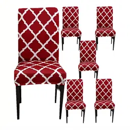 DECOR VATIKA Maroon & White 6-Pieces Printed Stretchable Chair Covers-image-33