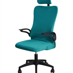 HOKIPO Teal-Blue Jacquard Stretchable Chair Cover with Headrest Cover-image-9