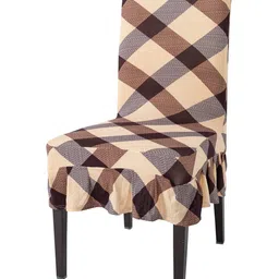 HOKIPO Beige & Brown Printed Stretchable Frill Chair Cover image 1