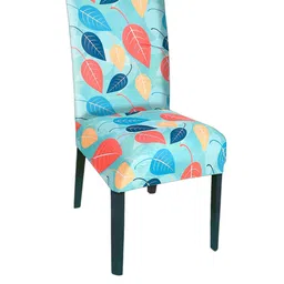 Kuber Industries Set Of 4 Blue Leaf Printed Elastic Stretchable Chair Cover image 2