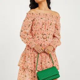 Styli Peach-Coloured Floral Print Off Shoulder Layered Knee Length Dress image 1