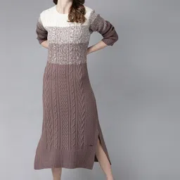 Roadster Mauve & Off-White Colourblocked Jumper Dress image 2