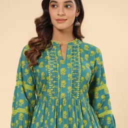 SAVI Floral Printed Mandarin Collar Gathered Cotton Fit & Flare Ethnic Dress image 2