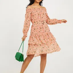 Styli Peach-Coloured Floral Print Off Shoulder Layered Knee Length Dress image 3