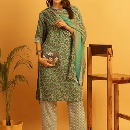 pinkmint Salwar Suit Set For Women Flower Printed Halter V Neck Kurta With Trouser With Dupatta Ready To Wear Wedding image 4