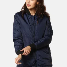 Campus Sutra Women Blue Windcheater Longline Bomber Jacket-image-41