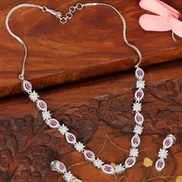 Crunchy Fashion Women Silver-Plated Pink & White Floral AD-Studded Designer Jewelry Set-picture-27