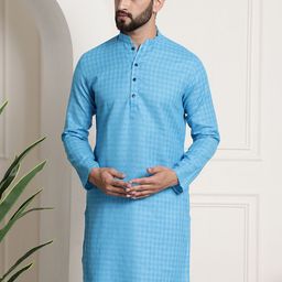 Anug by SOJANYA Men Blue Checked Dobby Mandarin Collar Kurta-picture-28
