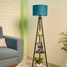 Crosscut Blue & Black Metal Cylinder Shaped Floor Lamp With Shelves-picture-41