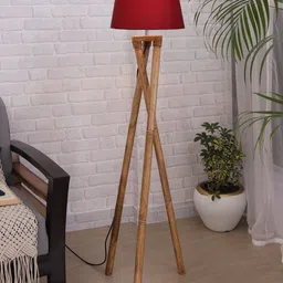 Homesake Red Shade Cross-Leg Wooden Tripod Floor Lamp image 1