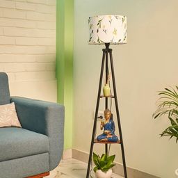Crosscut White & Black Printed Metal Cylinder Shaped Floor Lamp With Shelves-picture-26