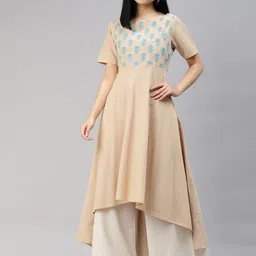 MBE Women Beige & Blue Ethnic Motifs Printed Pure Cotton Asymmetric Anarkali Kurta image 1
