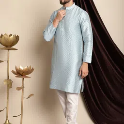 Anouk Blue Ethnic Motifs Woven Designed Jacquard Silk Regular Kurta with Churidar image 5