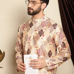 Anouk Beige Ethnic Motifs Printed Mandarin Collar Straight Kurta With Churidar image 3