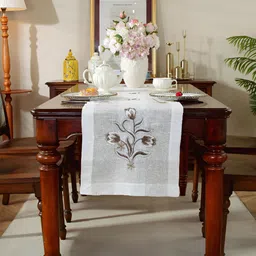 MONKDECOR White & Brown Embroidered Table Runner image 1
