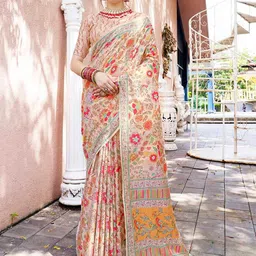 Anouk Cream Coloured & Red Woven Design Floral Designer Saree-image-26