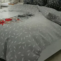 Signature Grey & Red 4 Pieces Floral Printed Cotton Double Queen Bedding Set-image-4