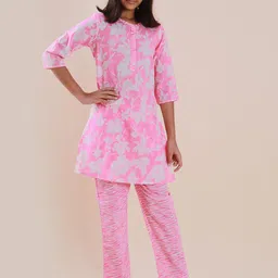 Sangria Girls Pink Floral Printed Pure Cotton Straight Kurta With Trouser-picture-51